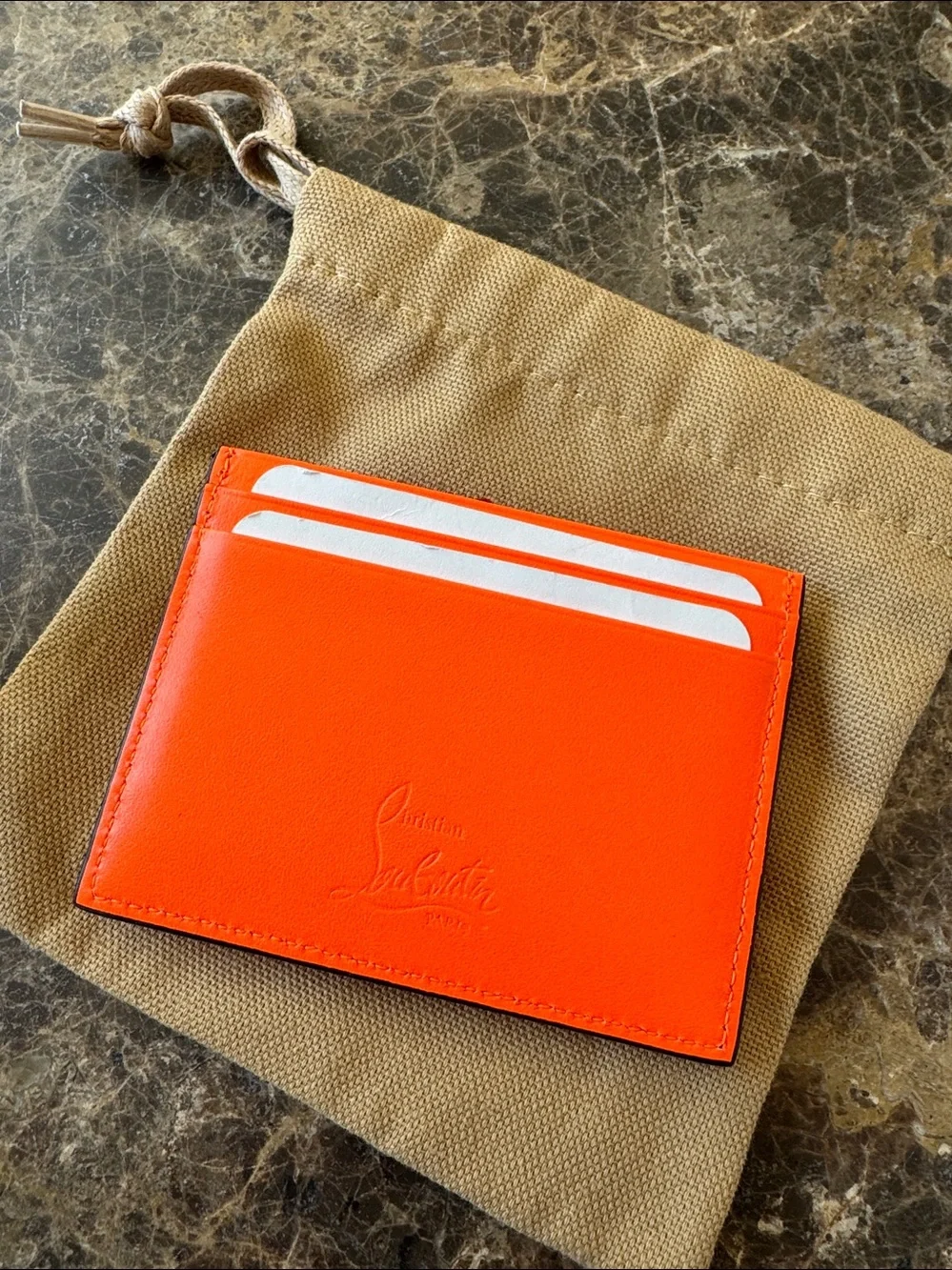 Christian Louboutin kios neon orange spike wallet card case with bag